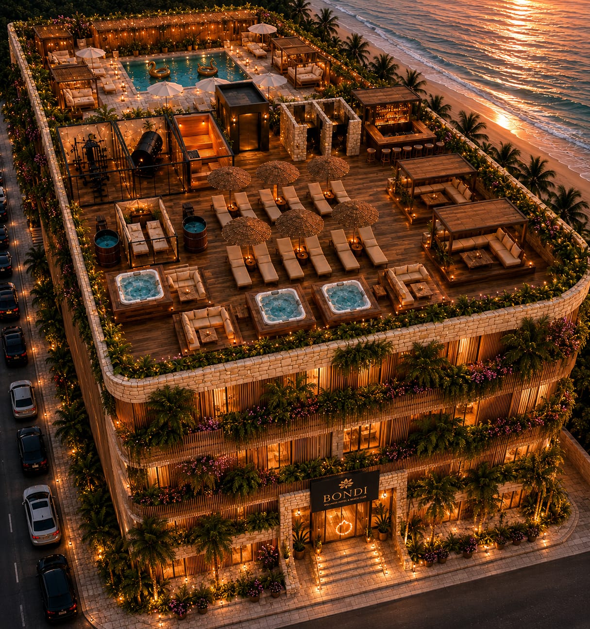 The building at dusk from above, with the terrace lit and the beach alongside
