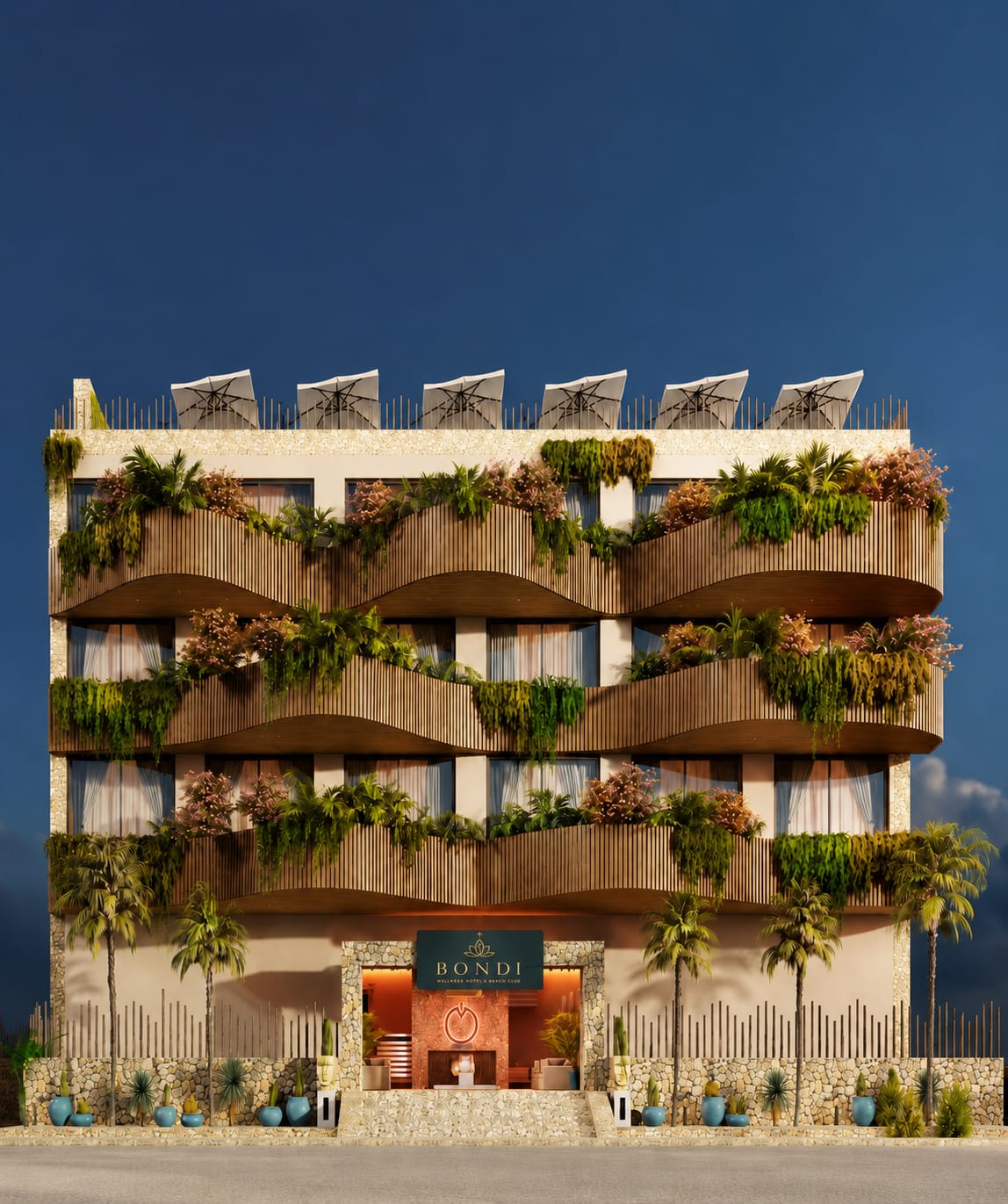 Front facade with undulating wooden balconies and cascading plants