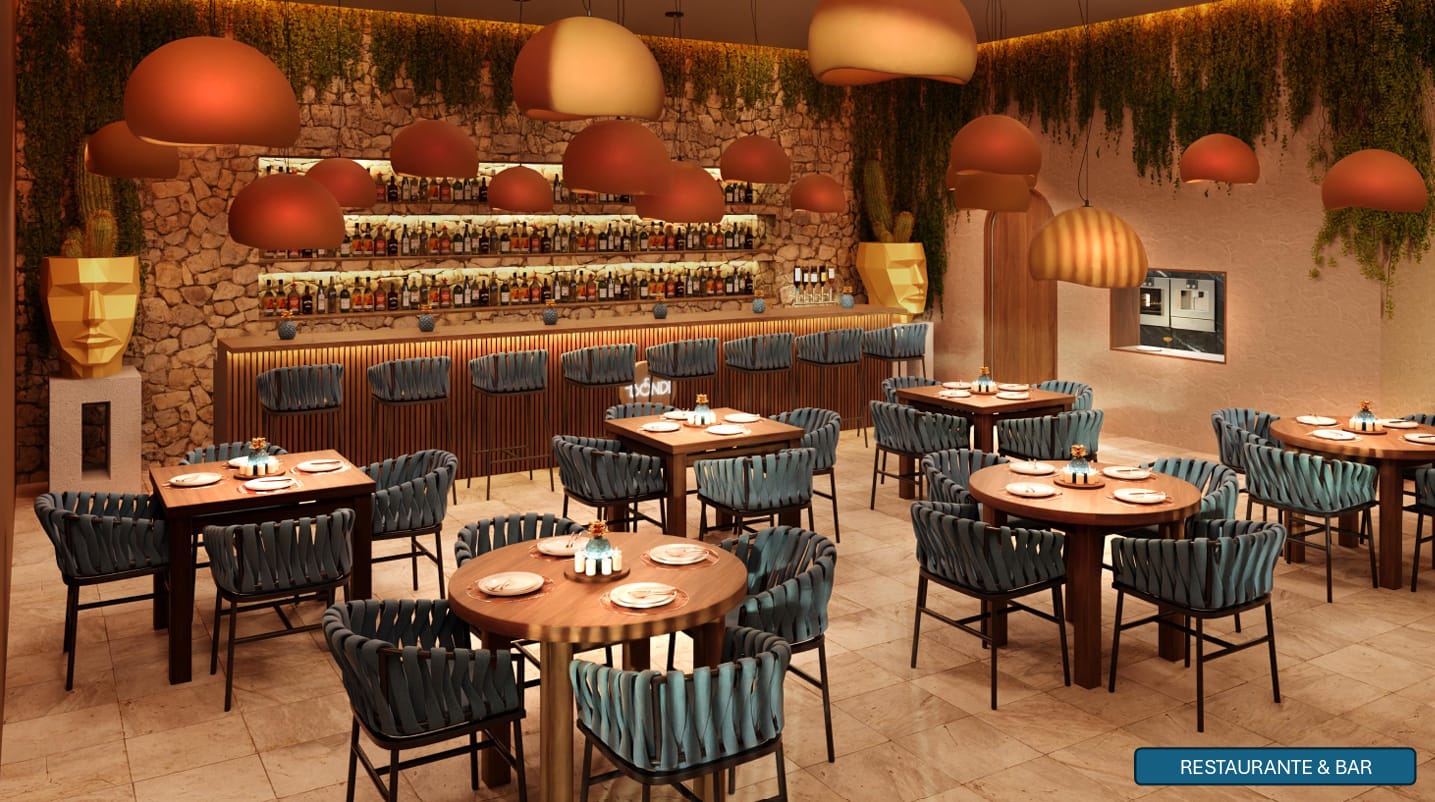 Restaurant and bar with terracotta lamps, stone and bottles