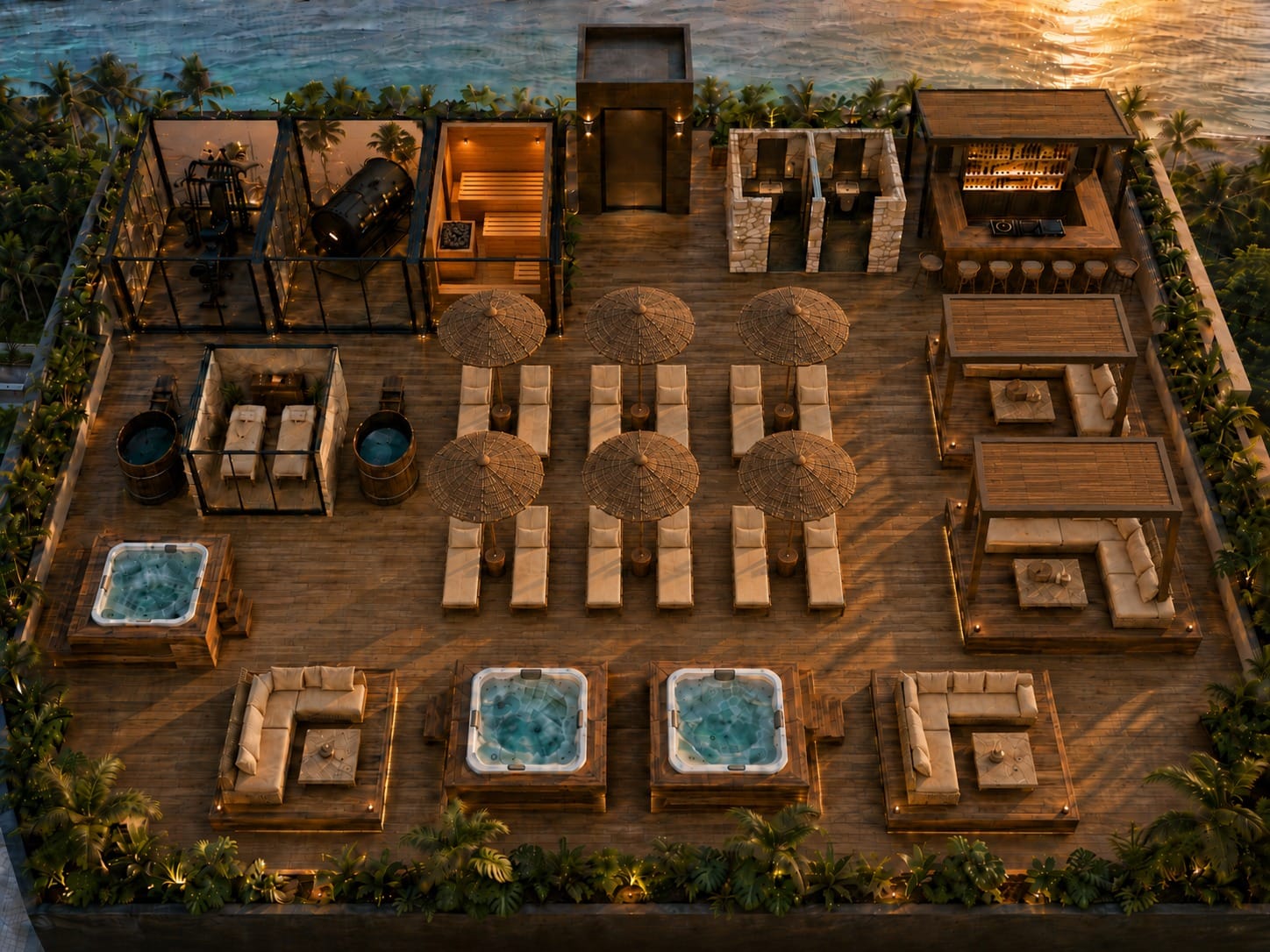 Rooftop from above with jacuzzis, cold tubs and glass pods