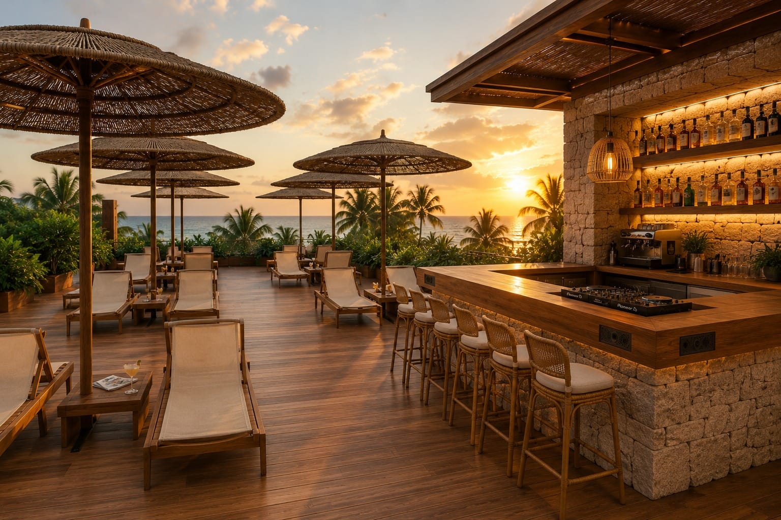 Terrace with a bar and loungers at sunset, overlooking the sea