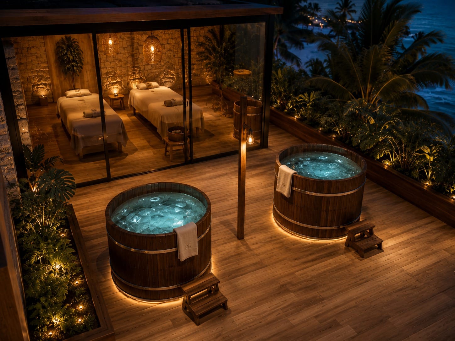 Wooden tubs with ice at dusk, beside a massage room