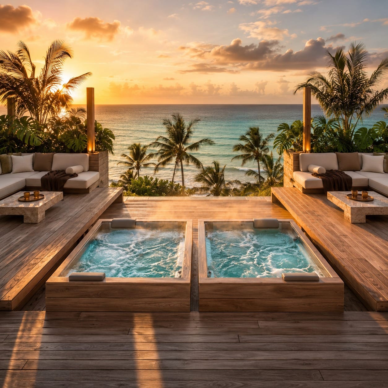 Two jacuzzis facing the palm trees and the sea at sunset