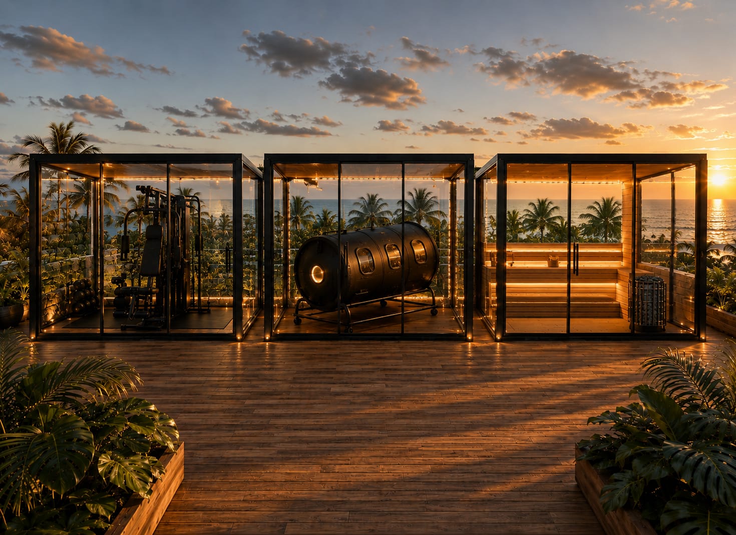 Glass pods on the terrace: gym, hyperbaric chamber, sauna and sunset