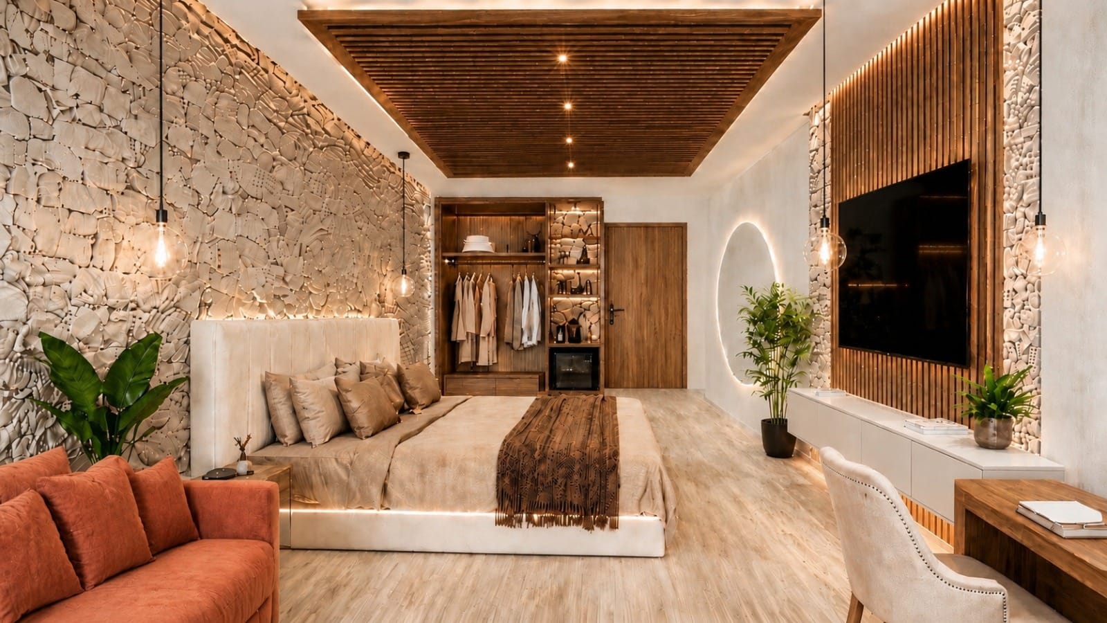 Model suite: textured stone wall, wooden ceiling and bed
