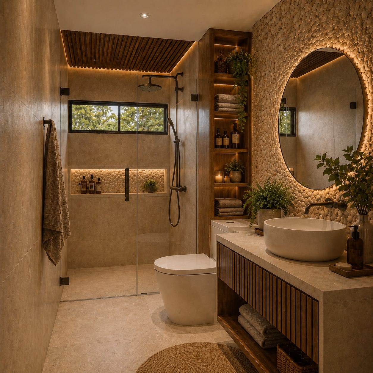 Spa-style bathroom with a stone wall and a round mirror