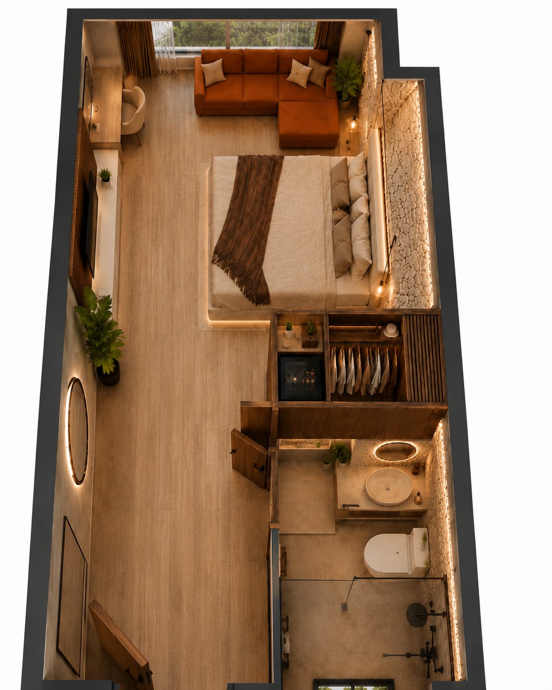 Three-dimensional floor plan of the suite seen from above, on a white background