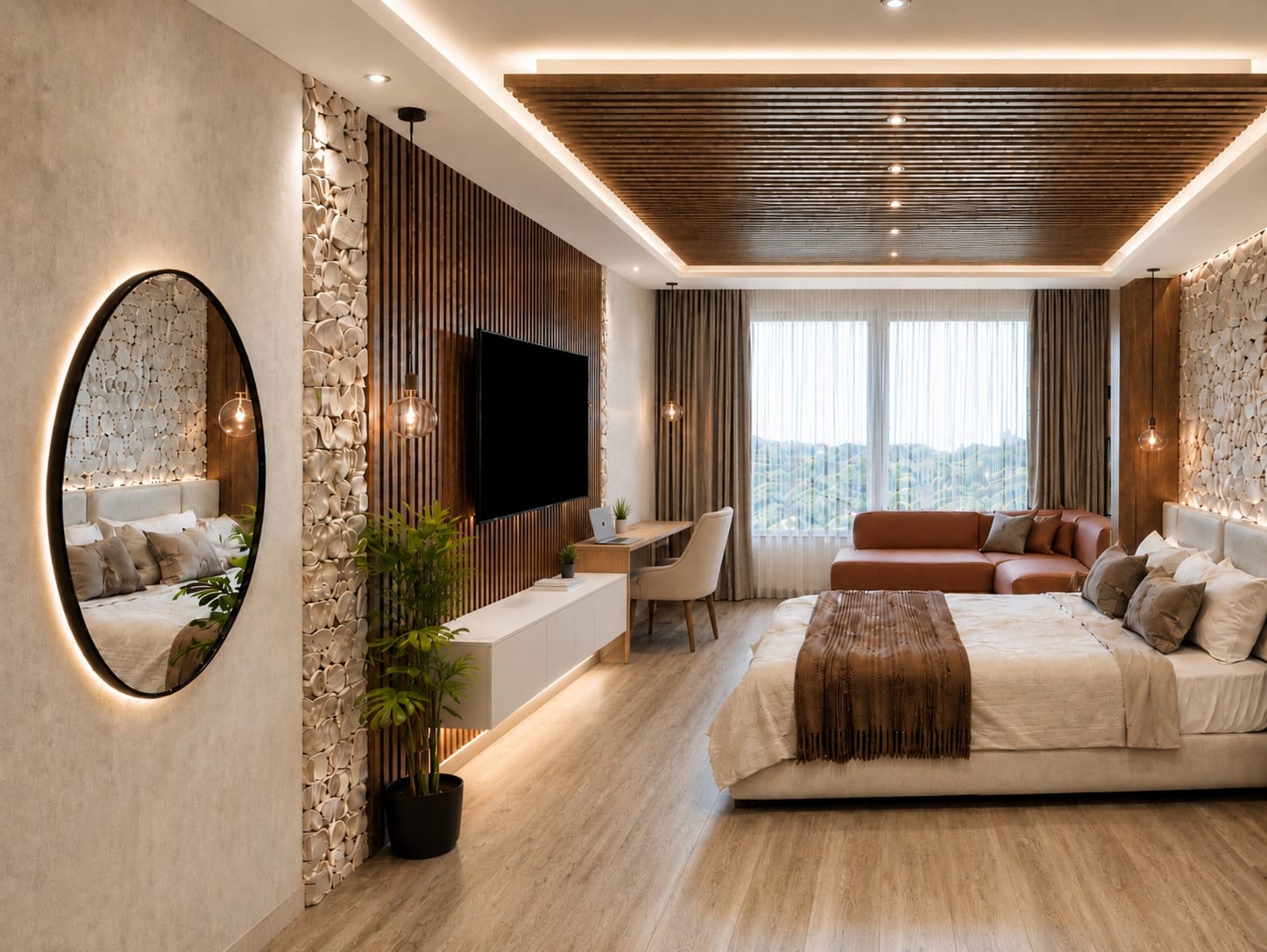 Suite interior with an oval mirror and a window